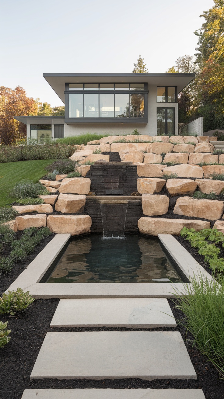 A modern property with large windows and a beautiful stone landscaped yard featuring a water feature.