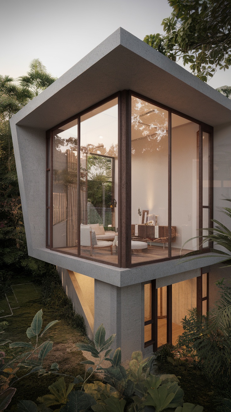 A modern house with large glass windows and unique architectural design situated in a lush green environment.