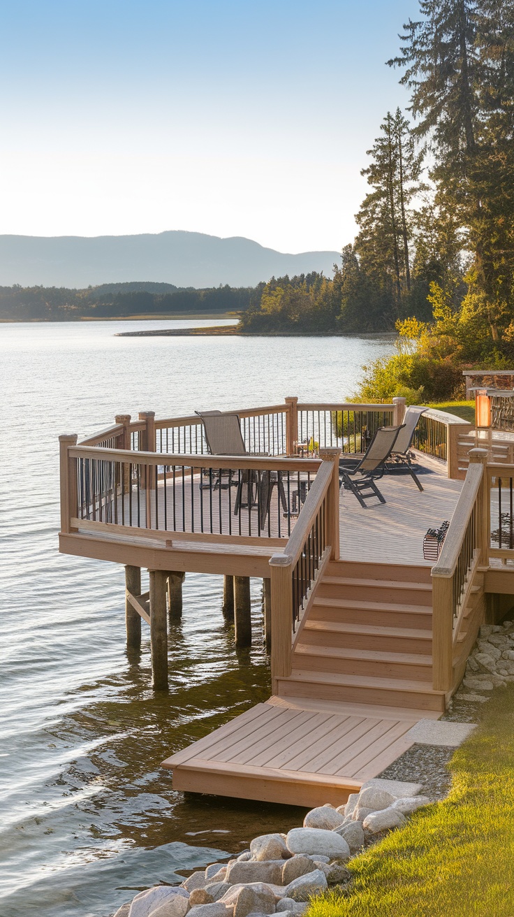 A waterfront deck with chairs overlooking a calm lake, surrounded by trees and mountains in the background.