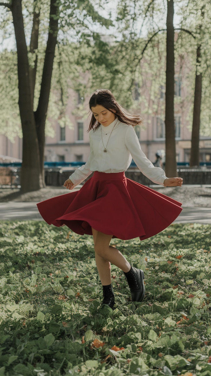 A young woman spinning in a cherry red skater skirt in a park, wearing a white blouse and black ankle boots.