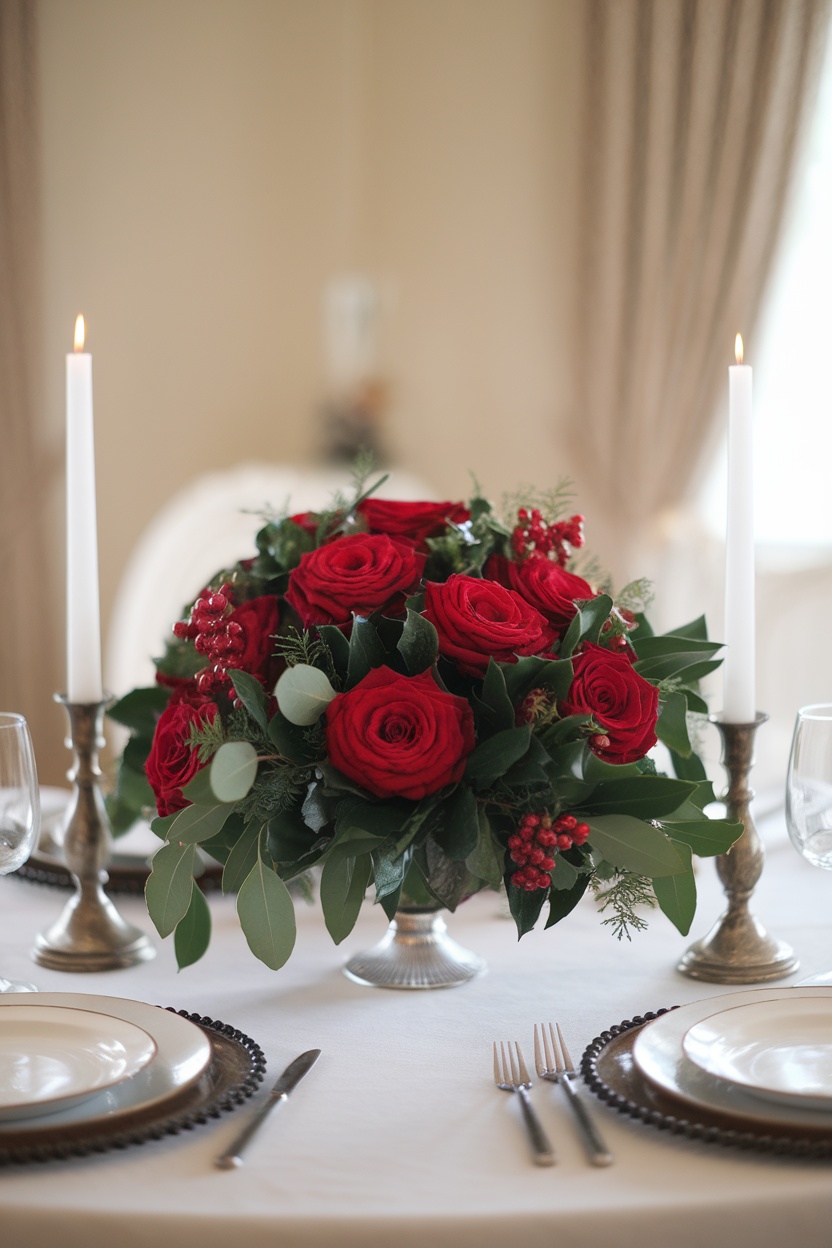 A floral centerpiece featuring red roses surrounded by greenery, placed on a dinner table with candles and dishware.