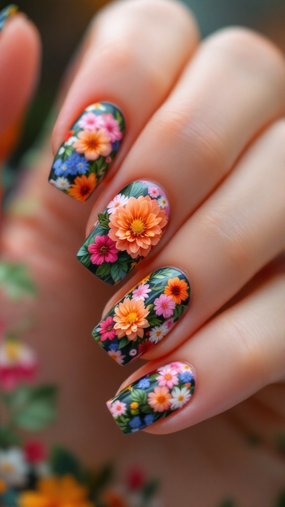 Nail art featuring vibrant flowers in various colors on dark backgrounds