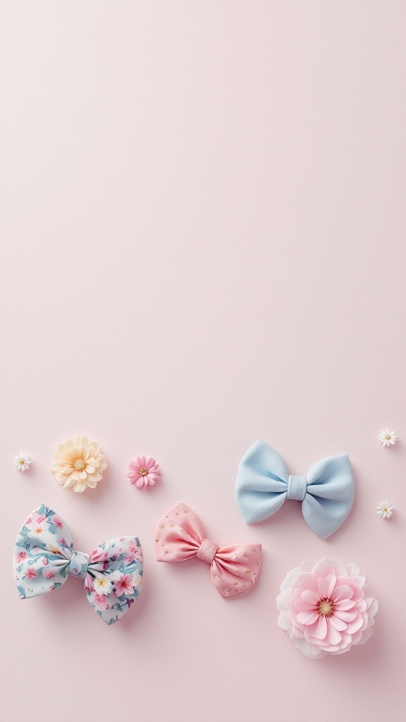 Pastel floral hair accessories including bows and flowers on a light background