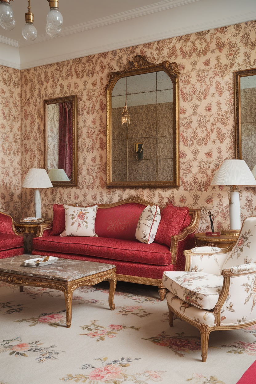 A luxurious living room featuring floral motifs in upholstery and wallpaper, with elegant furniture and decor.