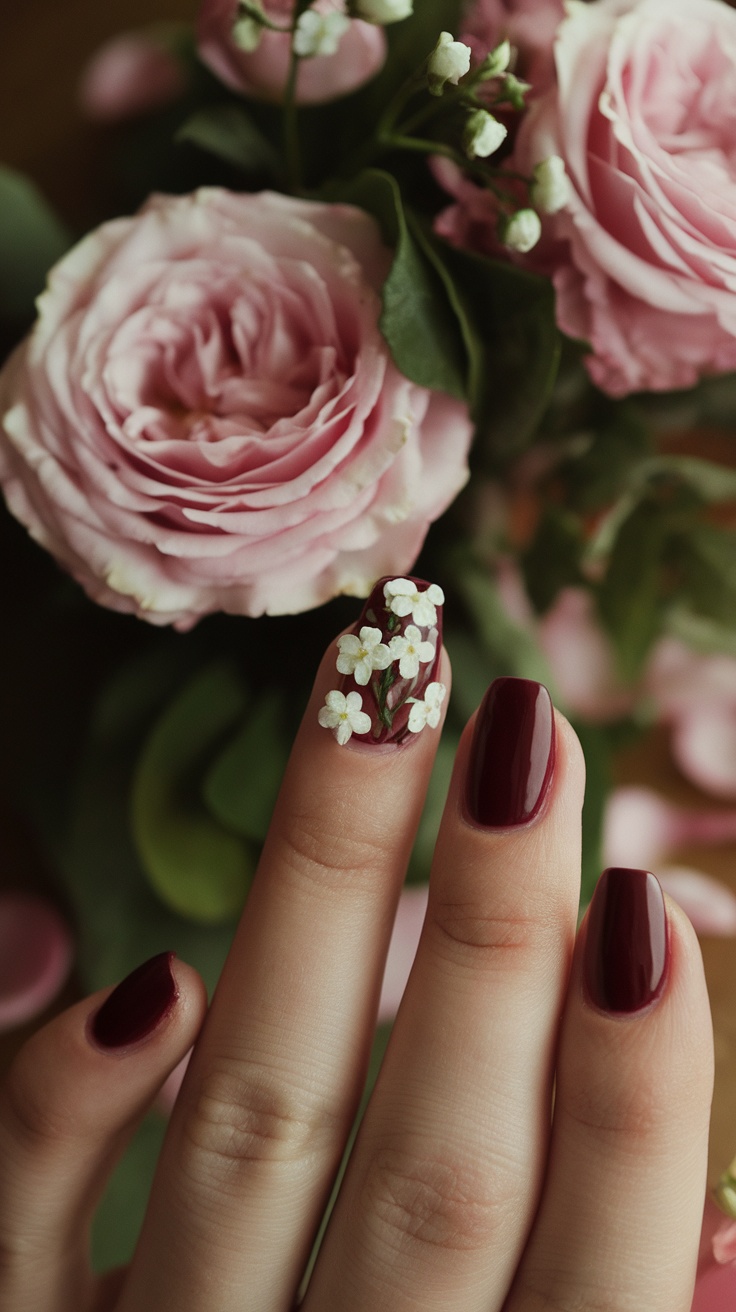 A hand showing dark cherry red nails with a white floral design on one nail, surrounded by pink roses.