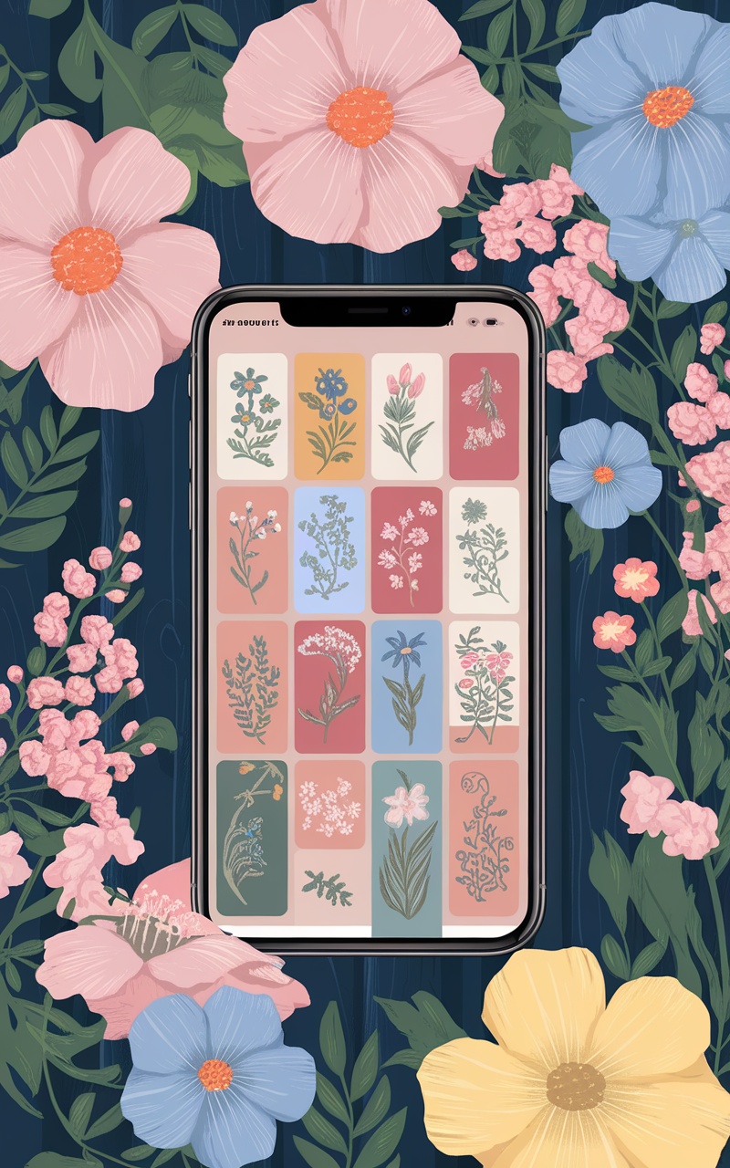 Aesthetic iPhone wallpaper featuring floral patterns and a phone surrounded by flowers.