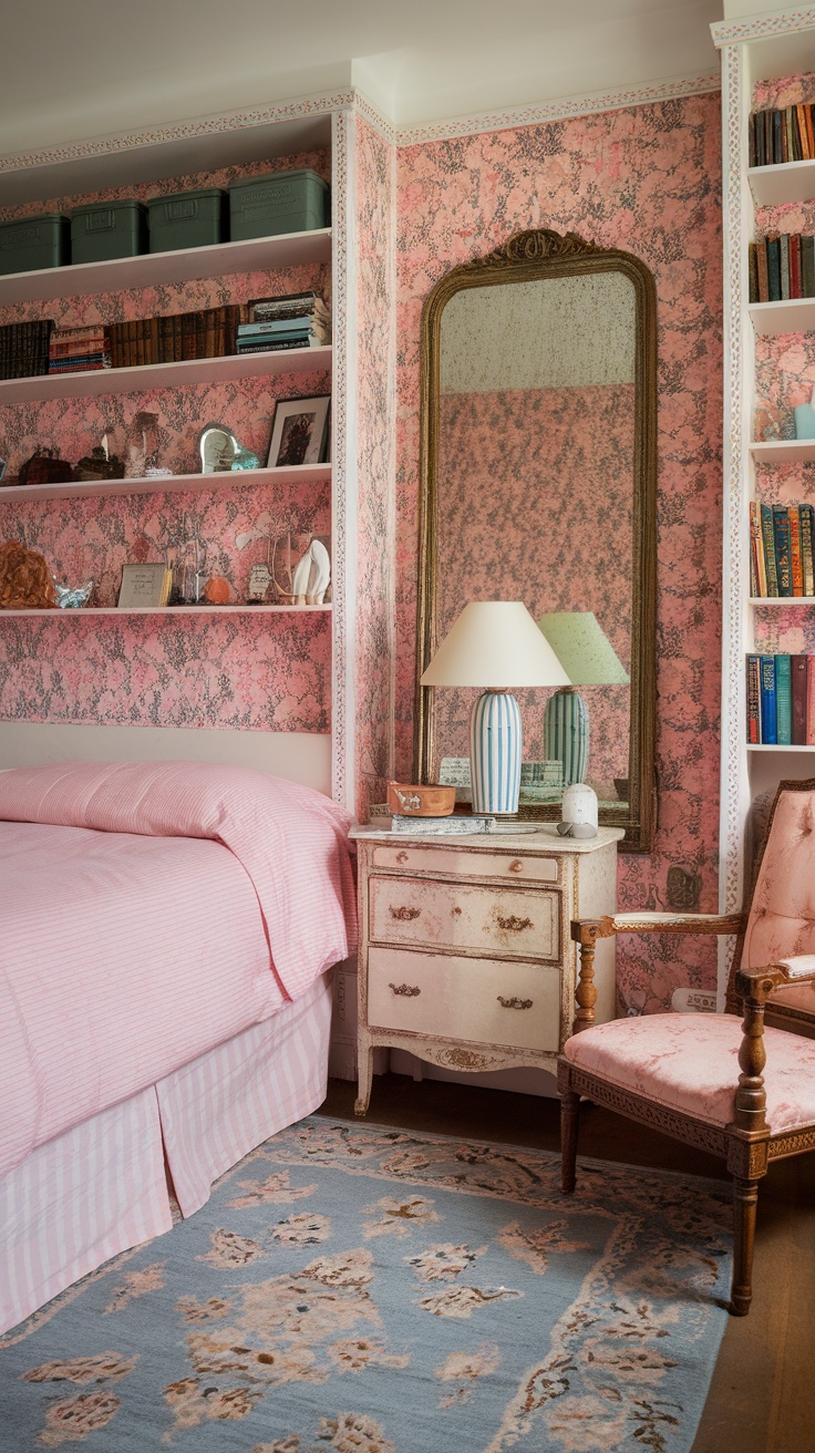 A cozy bedroom with floral pink wallpaper, a pink bedspread, and vintage furniture