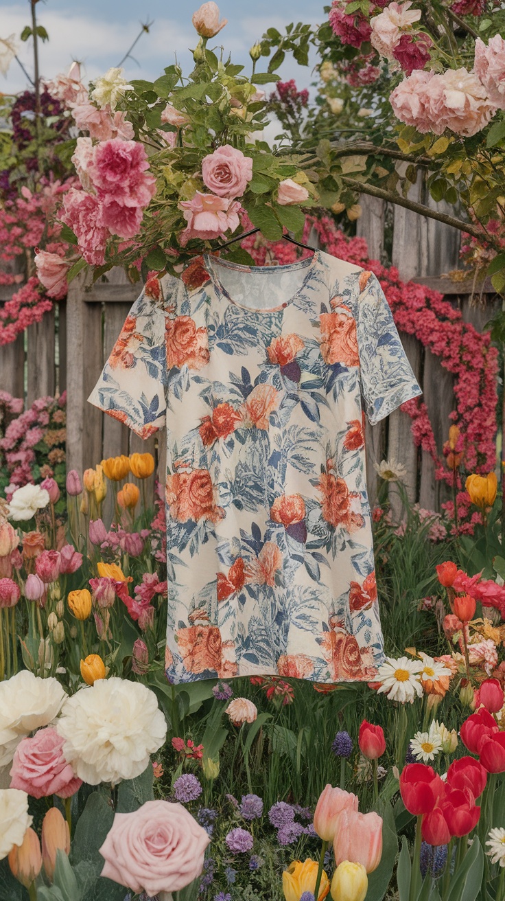 A floral print t-shirt hanging amidst colorful flowers in a garden.