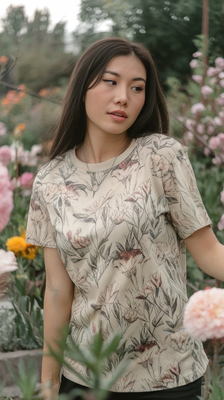 A woman in a floral print t-shirt standing in a garden filled with flowers.