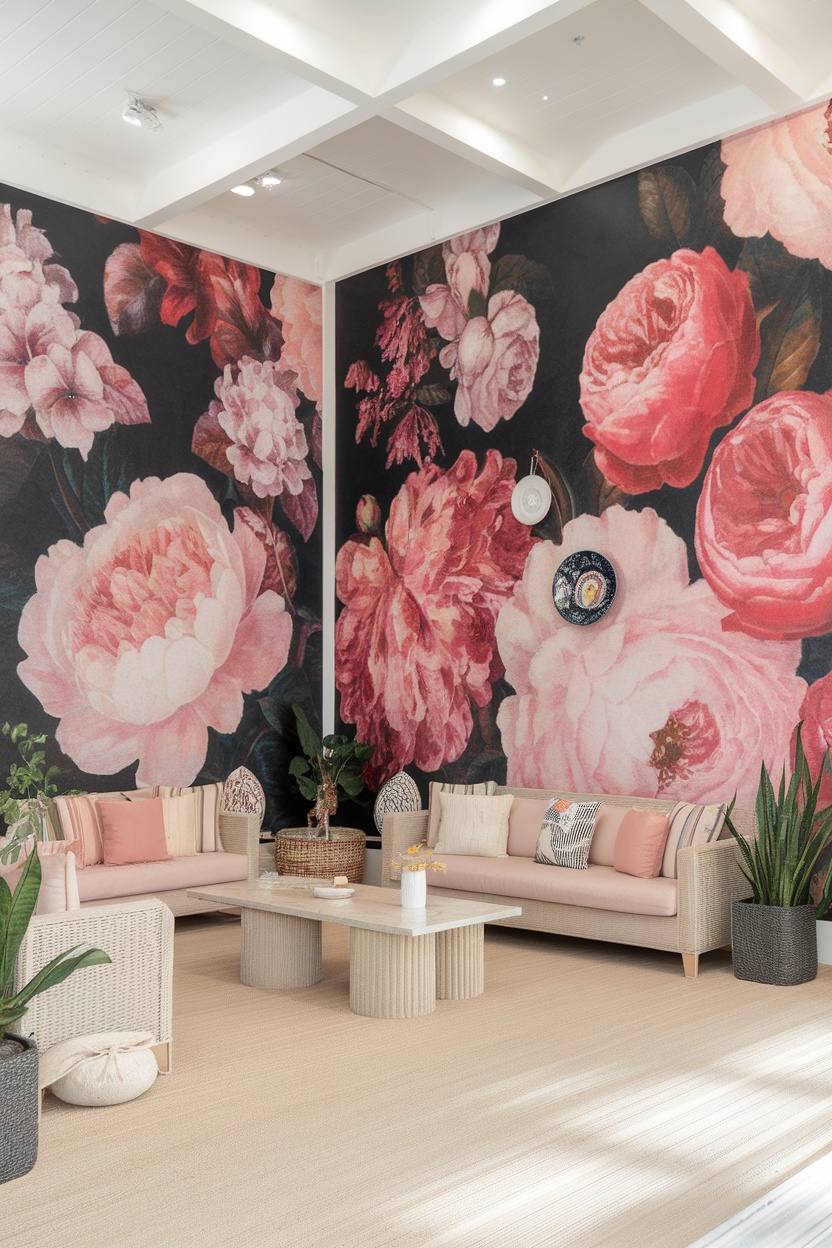 A living room with a floral mural on the wall featuring large pink and peach flowers, complemented by modern furniture.