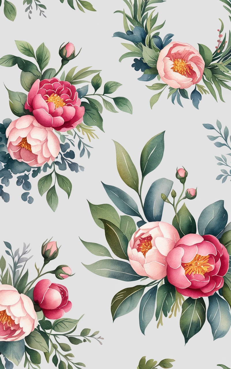 Colorful floral watercolor wreaths featuring pink peonies and green leaves