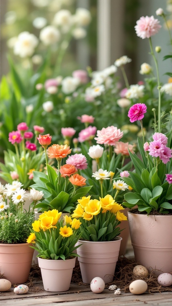 Colorful assortment of flowering plants in pastel pots with eggs in the foreground