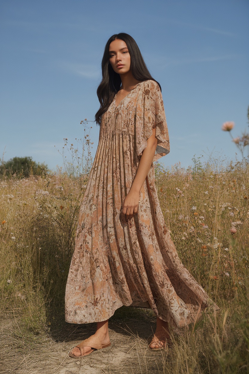 Model in a flowy maxi dress with earthy tones standing in a field of flowers