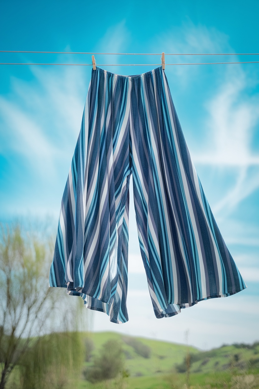 Striped flowy pants hanging against a blue sky