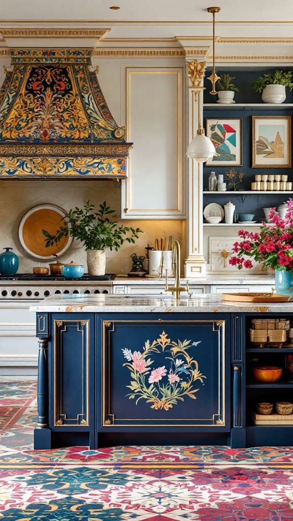 A vibrant kitchen with a unique navy blue island featuring floral designs and ornate details, complemented by an intricate patterned rug and decorative elements.