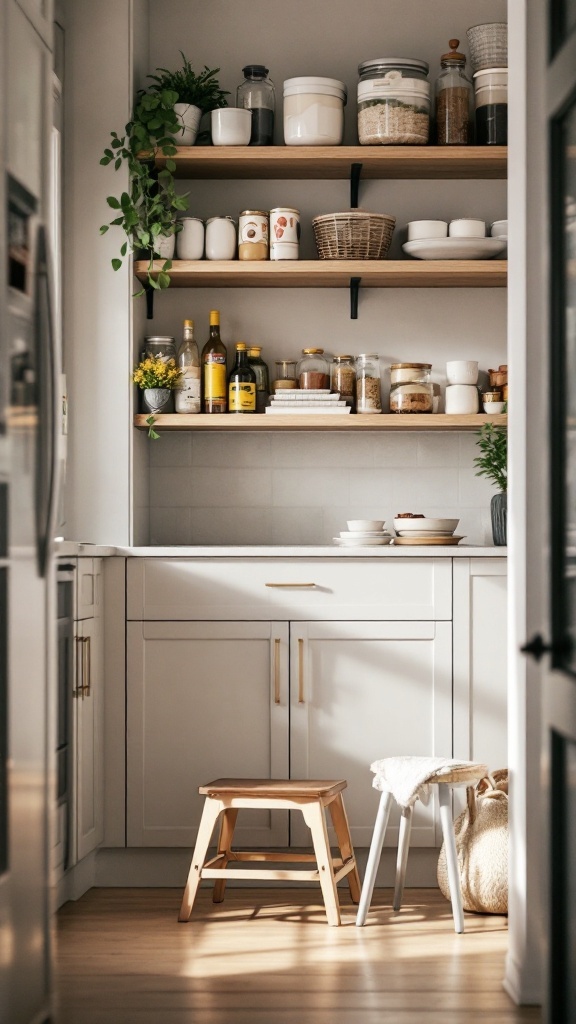 A kitchen with a folding step stool, organized shelves, and jars of ingredients.