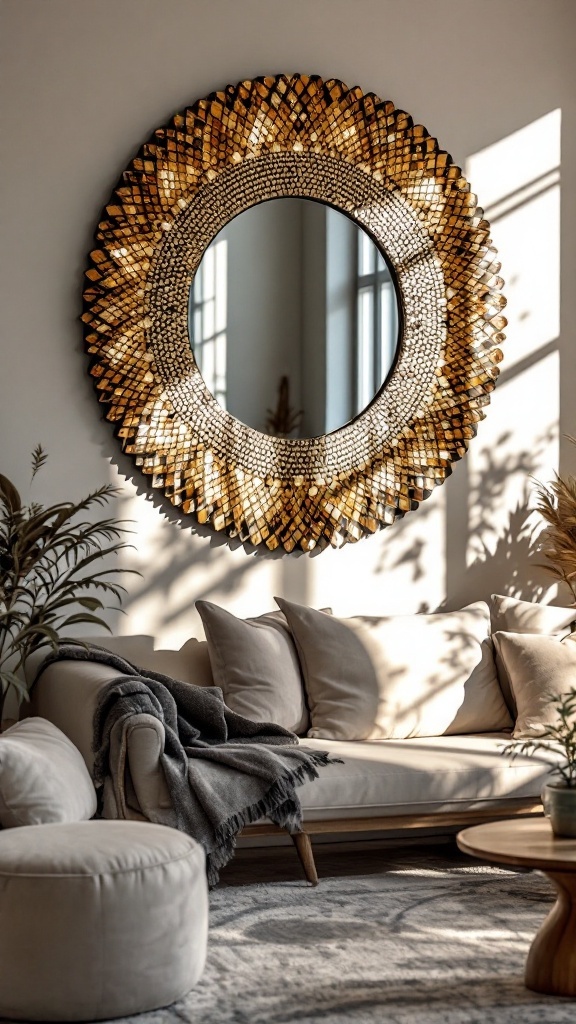 A beautifully designed framed mirror mosaic hanging on a wall, with natural light streaming in.