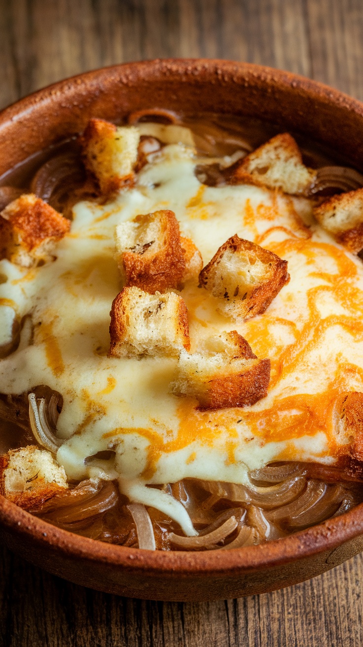 A bowl of French onion soup topped with melted Gruyere cheese and crispy bread.