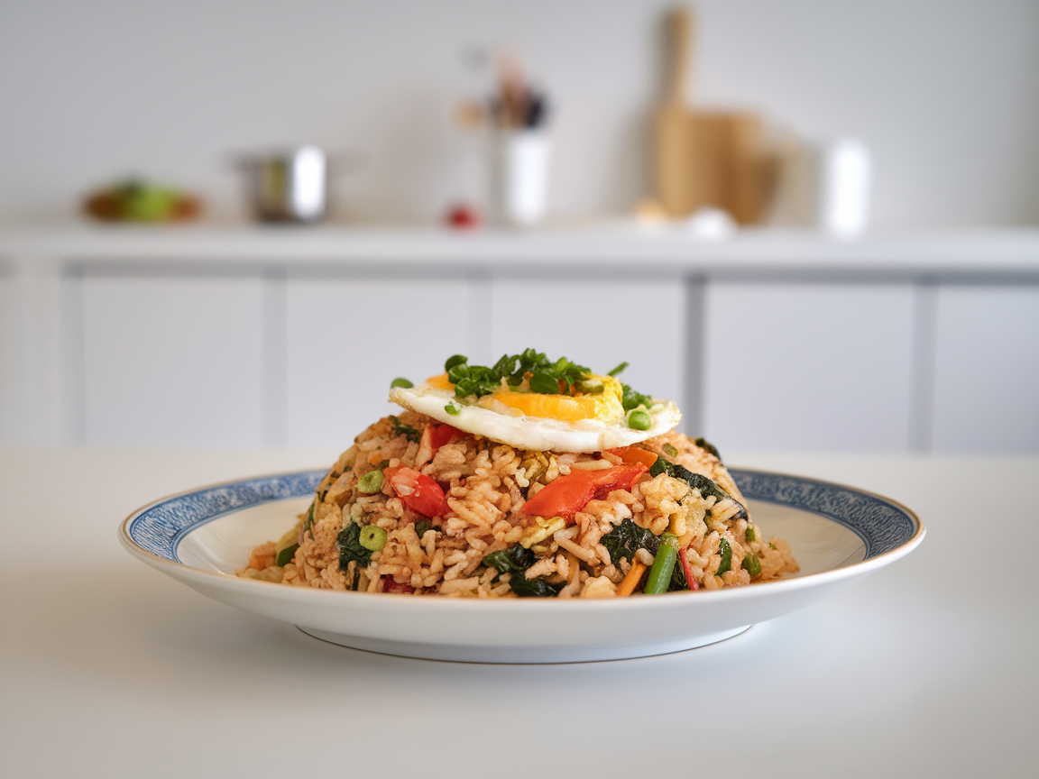 A plate of colorful fried rice topped with an egg and green onions.