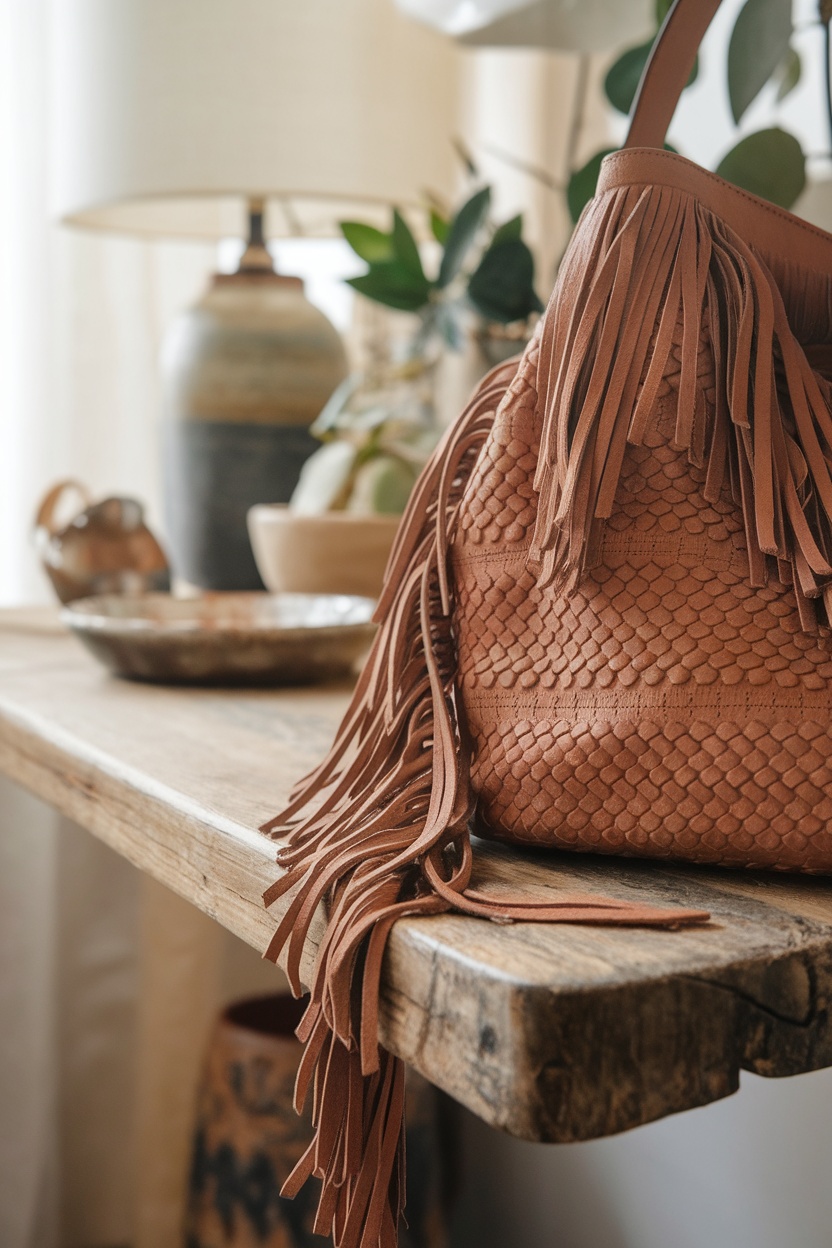 A close-up of a brown leather bag with fringe details sitting on a rustic wooden table, surrounded by plants and pottery.