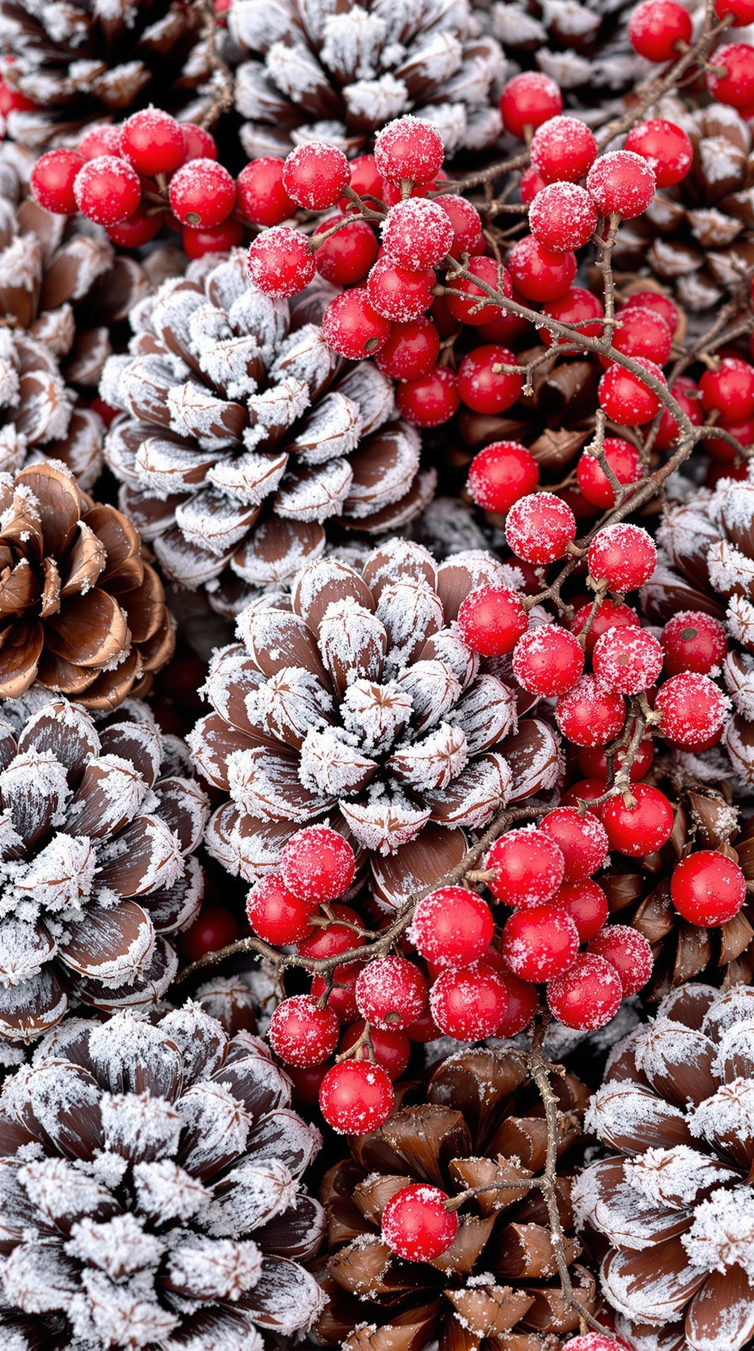 Close-up of frosted pinecones and red berries