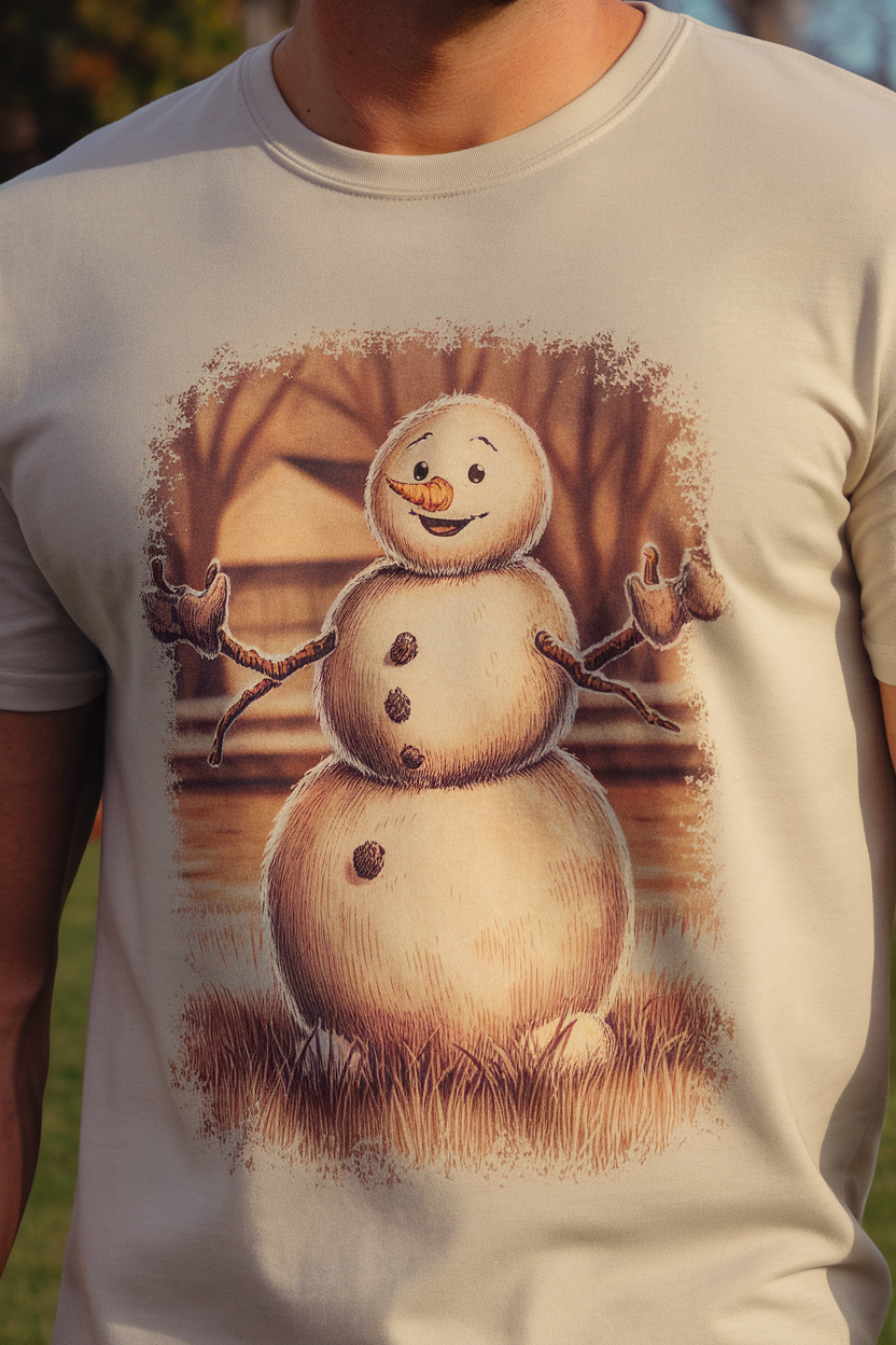 A person wearing a shirt with a cartoon image of Frosty the Snowman.