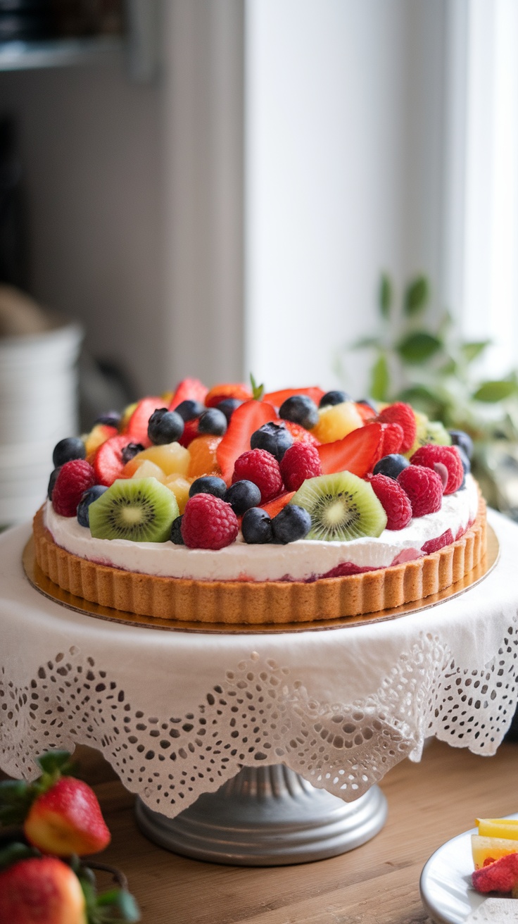 A beautifully arranged fruit tart with cream cheese filling topped with various fresh fruits.