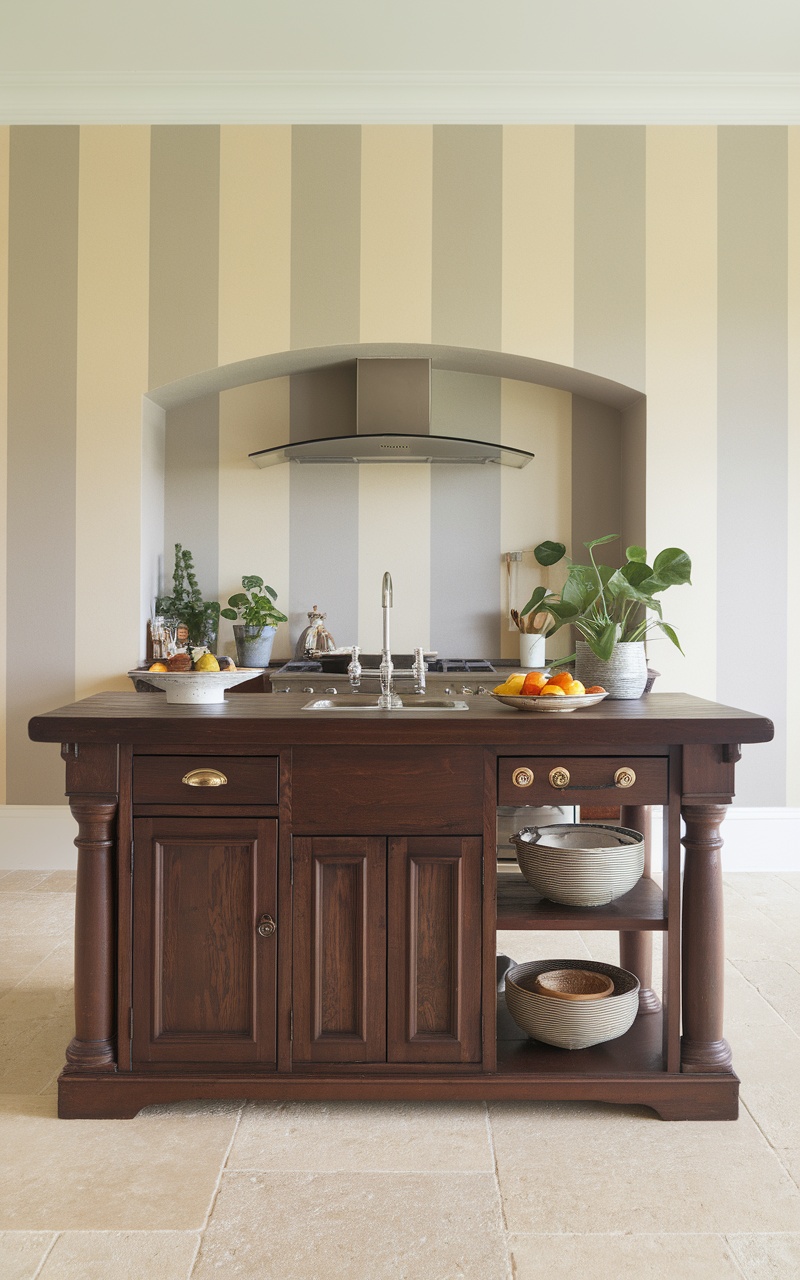 Dark cherry wood kitchen island with sink and open shelving, decorated with plants and fruit bowls.