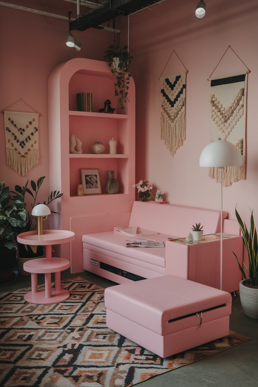 A cozy pink room featuring functional furniture choices like a minimalist couch, a side table, and decorative elements.