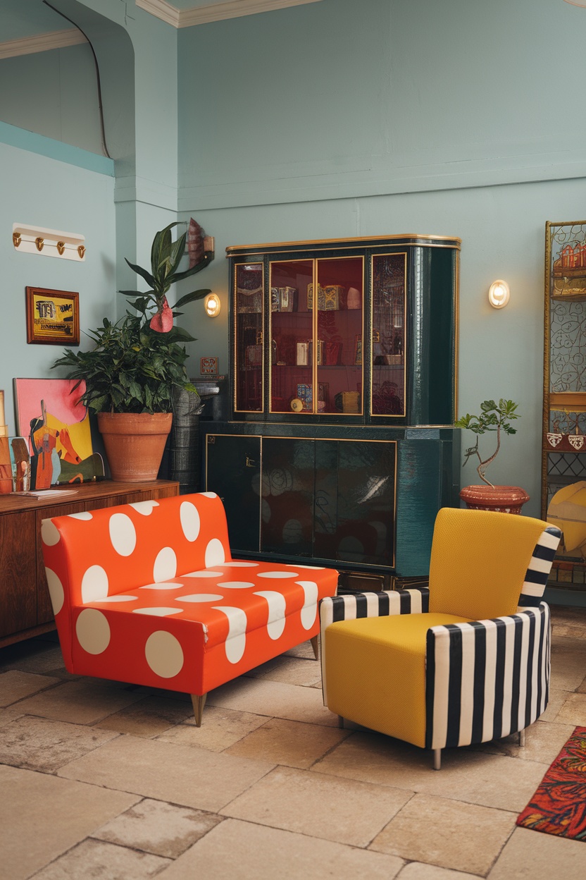 A vibrant living room with a polka dot orange couch and striped yellow chair, showcasing eclectic decor.