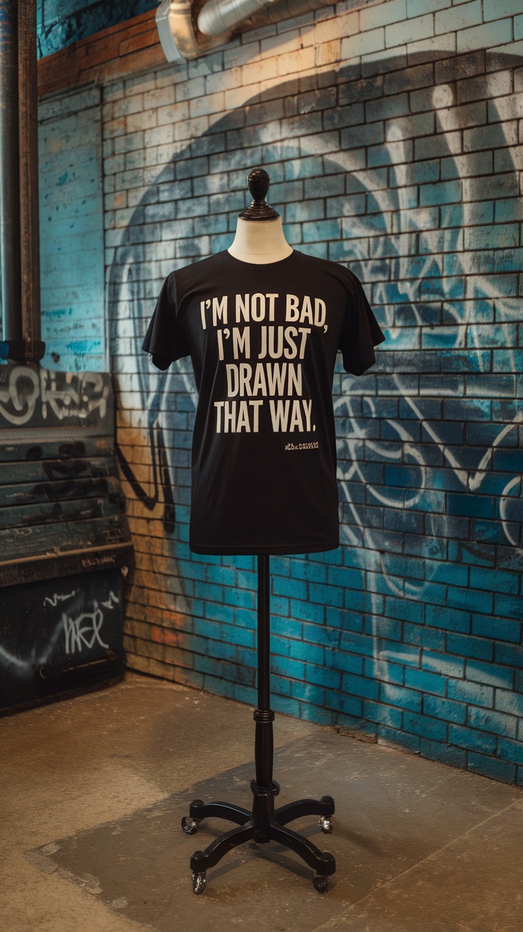 A black t-shirt on a mannequin with the quote 'I'M NOT BAD, I'M JUST DRAWN THAT WAY.' displayed on it against a graffiti wall.