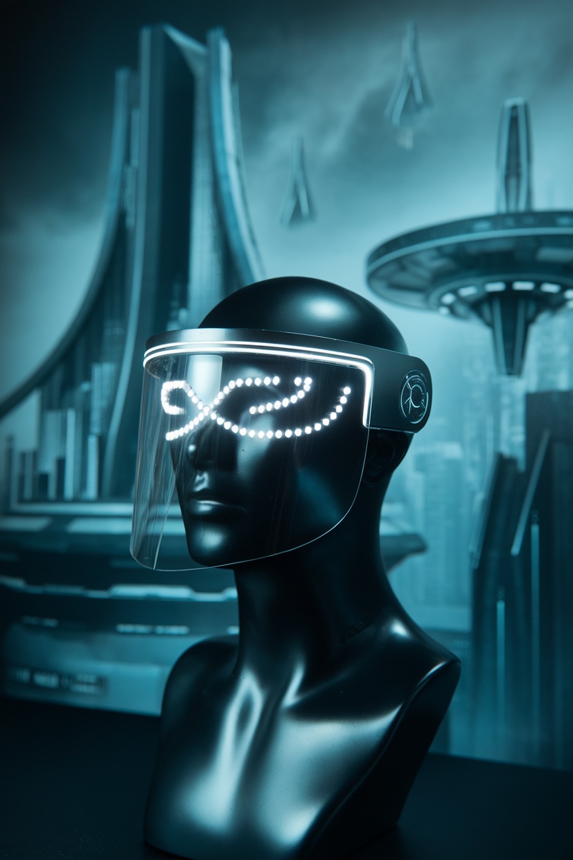 A futuristic face shield with LED lights displayed on a mannequin in a sci-fi setting.