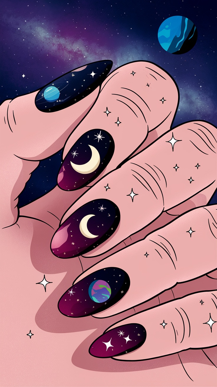 Dark cherry red nails with galaxy designs, featuring stars, moons, and planets.