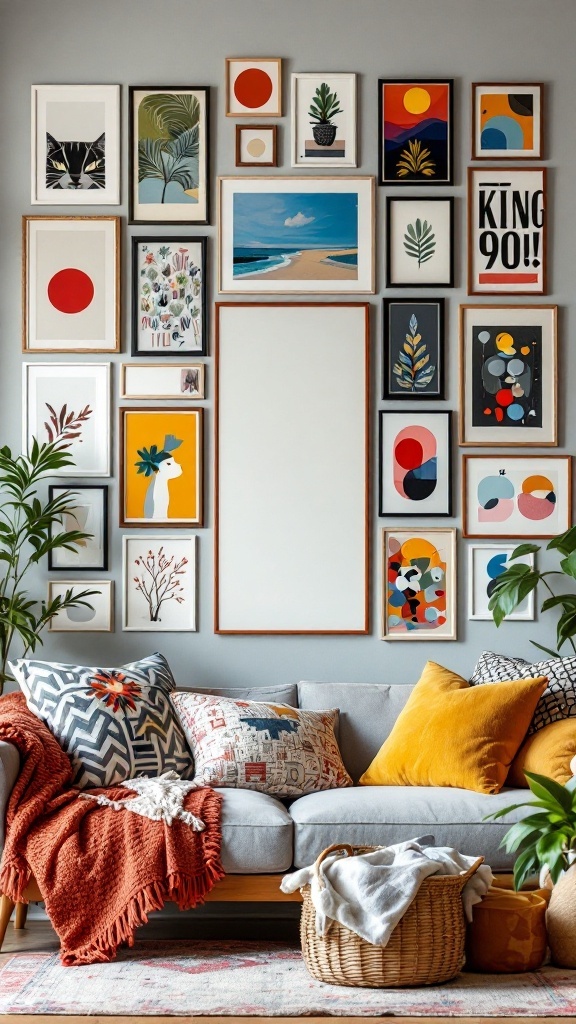 A bright and colorful gallery wall filled with various art pieces above a comfortable sofa, showcasing a maximalist living room style.