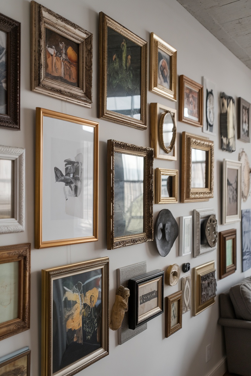 A vibrant gallery wall featuring a variety of framed artworks in different sizes and styles, showcasing an eclectic mix of art.