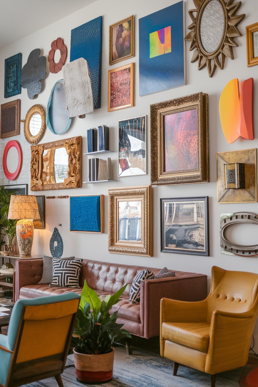 Gallery wall featuring a variety of framed artwork and mirrors in a maximalist living room.