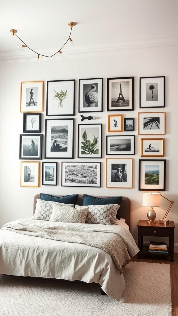 A stylish bedroom featuring a gallery wall with a mix of black and white framed photographs above a cozy bed.