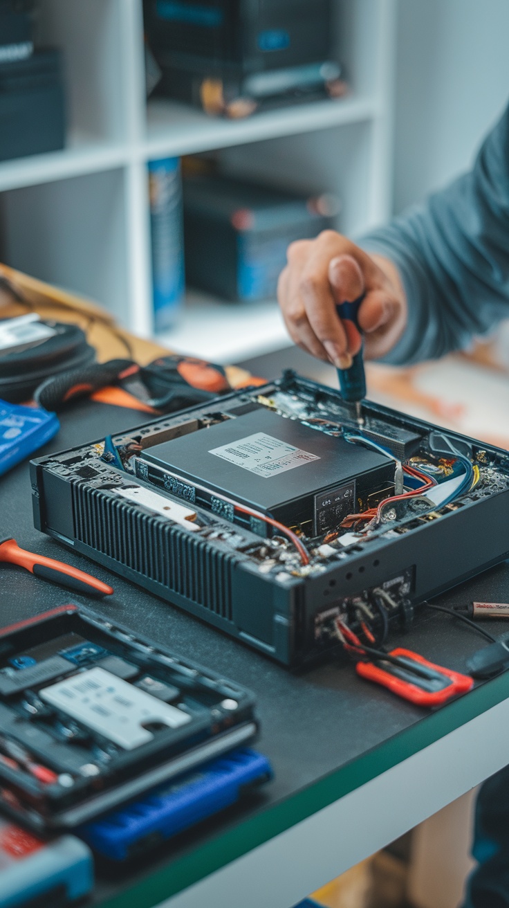 A technician repairing a game console on a workbench with tools.