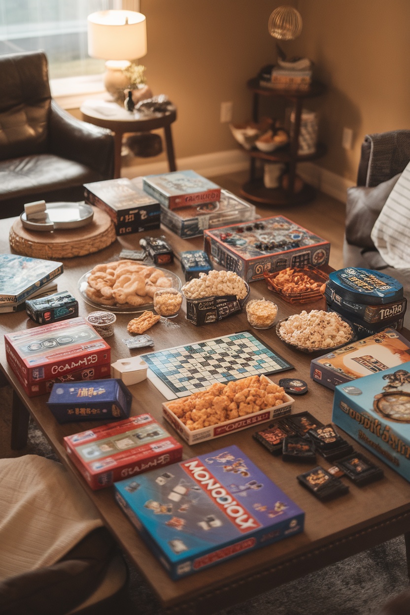 A cozy game night setup with various board games and snacks on a wooden table.