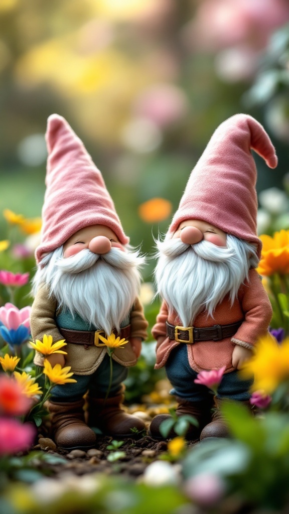 Two garden gnomes with rosy cheeks and pink hats standing among colorful flowers.