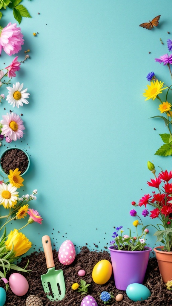 A colorful display of gardening items including flowers, pots, Easter eggs, and a small gardening tool.