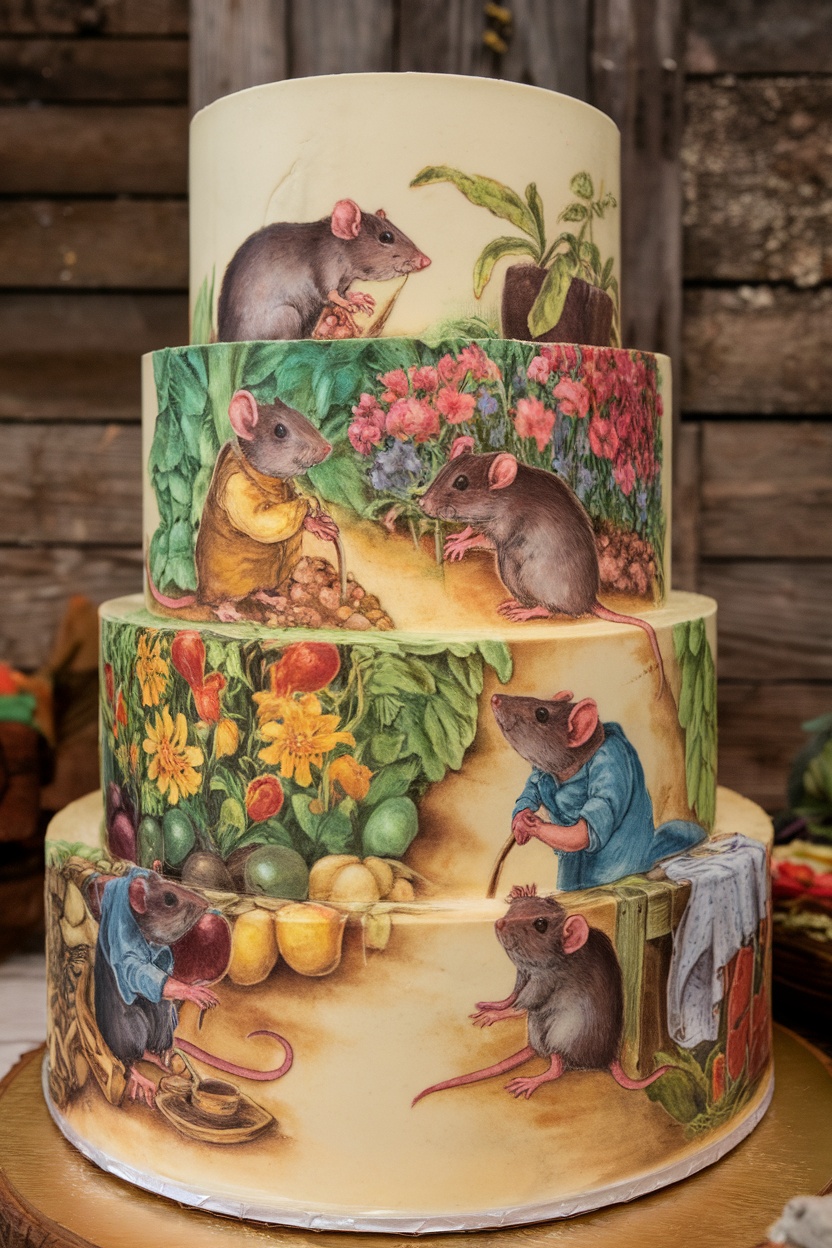 A multi-tiered cake featuring whimsical illustrations of rats gardening with flowers and vegetables.