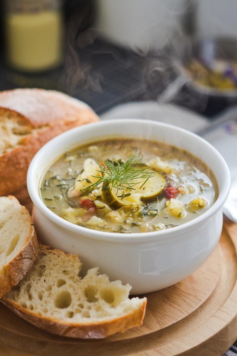 A bowl of garlic dill pickle soup with bread on the side.