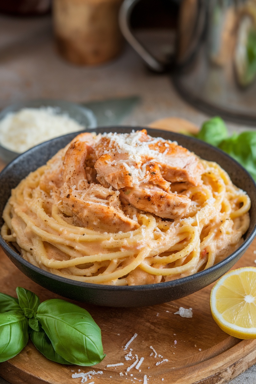 A bowl of creamy garlic parmesan chicken spaghetti topped with cheese and garnished with fresh basil and a lemon slice.