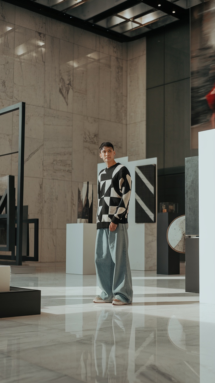 A man wearing a geometric patterned sweater and baggy jeans in a modern art setting.