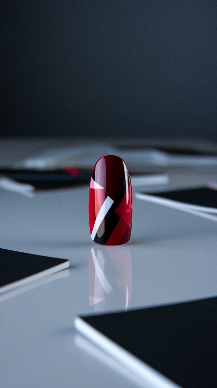 A dark cherry red nail with geometric patterns in black and white against a minimalist background.