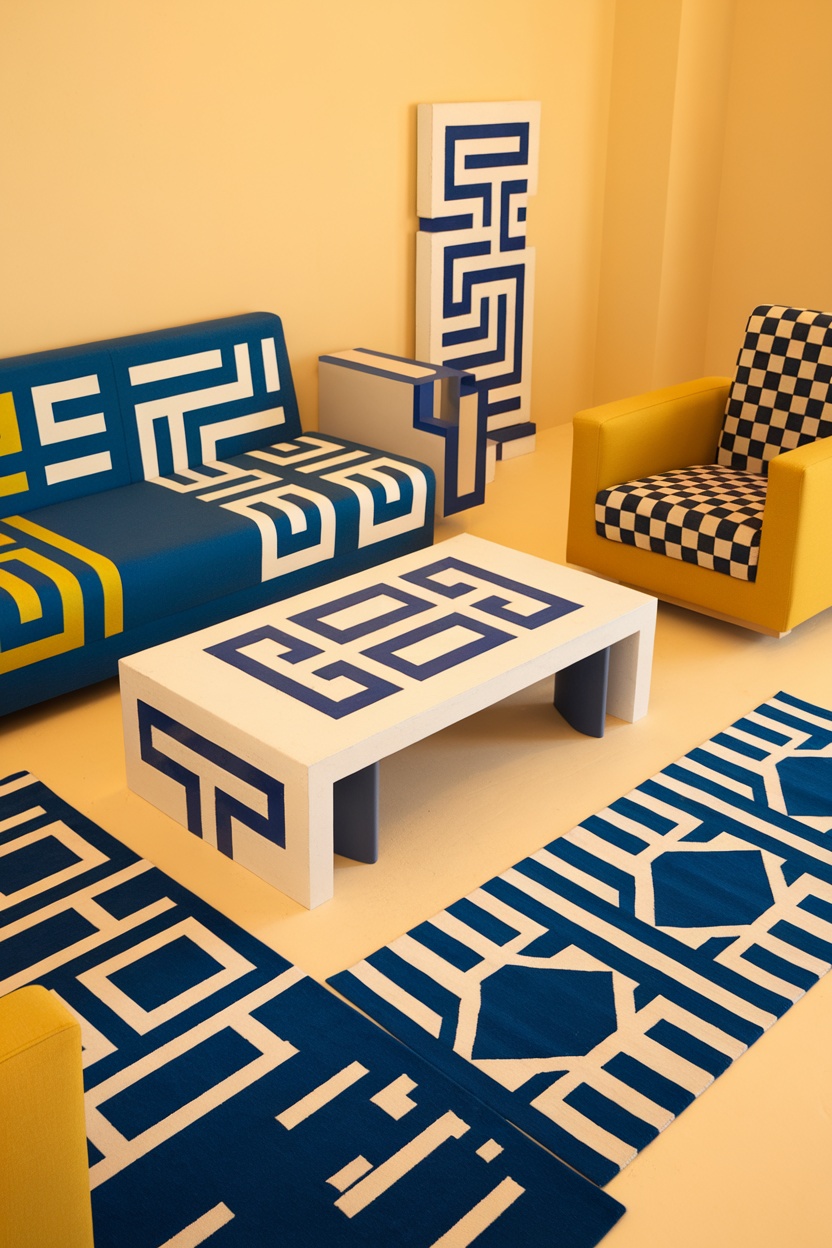 A colorful living room featuring geometric patterned furniture and decor.