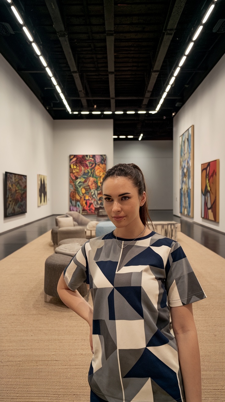 A woman wearing a geometric patterned t-shirt in an art gallery setting.