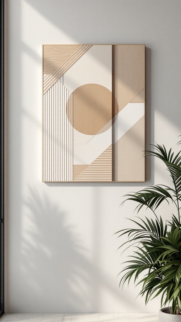 Geometric wood panel art displayed on a wall with a plant in the foreground.