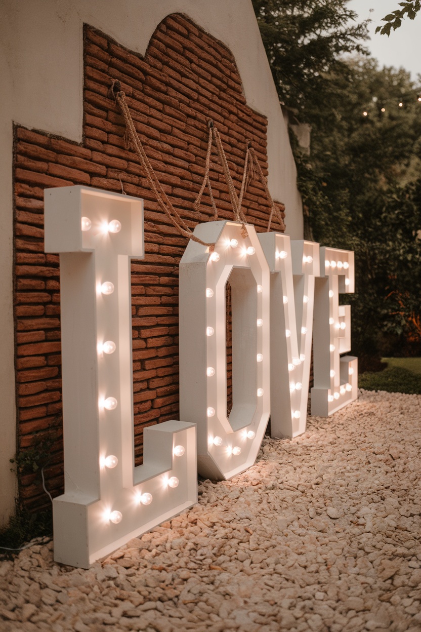 Giant illuminated letters spelling 'LOVE' against a textured wall.